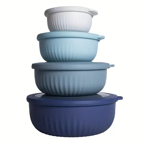 4pcs leak proof non slip salad bowls with lids stackable airtight plastic mixing baking bowls textured grip lids for meal prep food storage containers white light blue navy blue leakproof kitchenware ribbed texture design durable kitchenware best for christmas thanksgiving