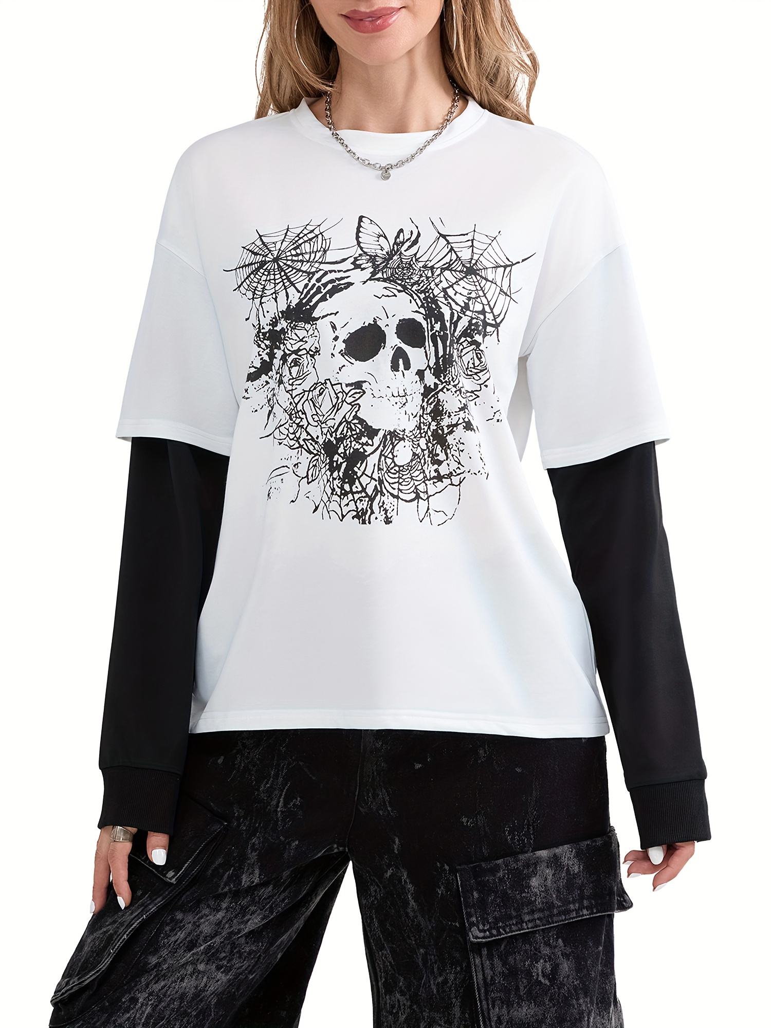 トップス skull bone punk long tops black y2k S11f35a1394244952a087ba8e28f82