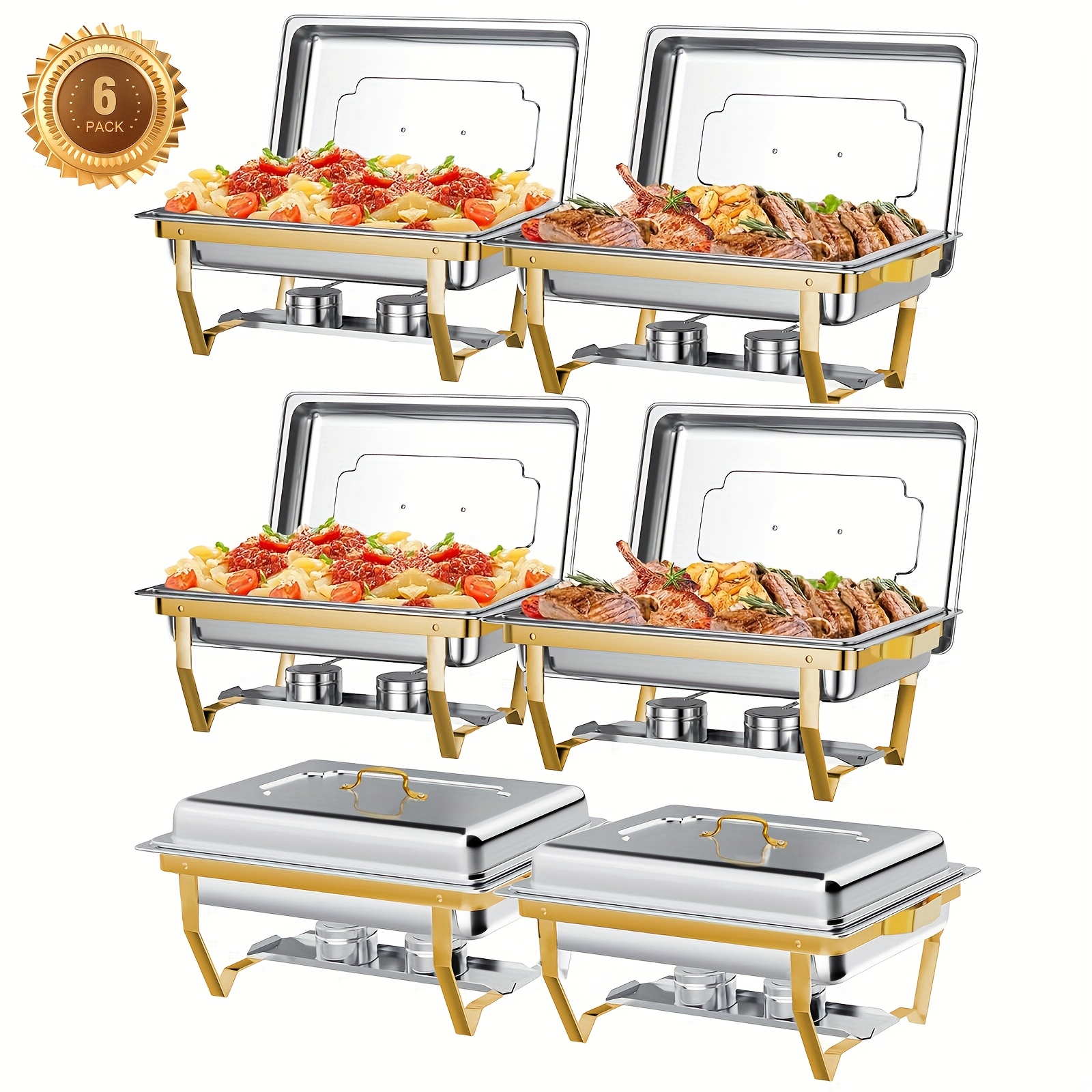 TEMU 9qt 6 Pack, Buffet Chafing Dish Set, Rectangular Chafing Dishes With Lid Holder, Stainless Steel Food Warmers For Kitchen Parties And Banquets,