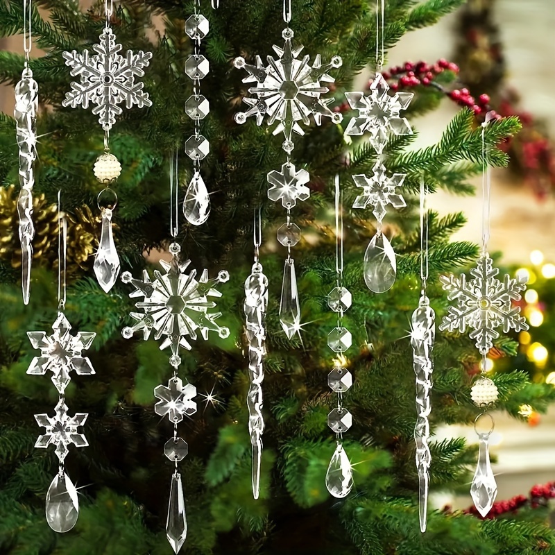 

10-piece Crystal Christmas Tree Ornaments Set - Acrylic Snowflakes & With Pendants For Festive Holiday Decor