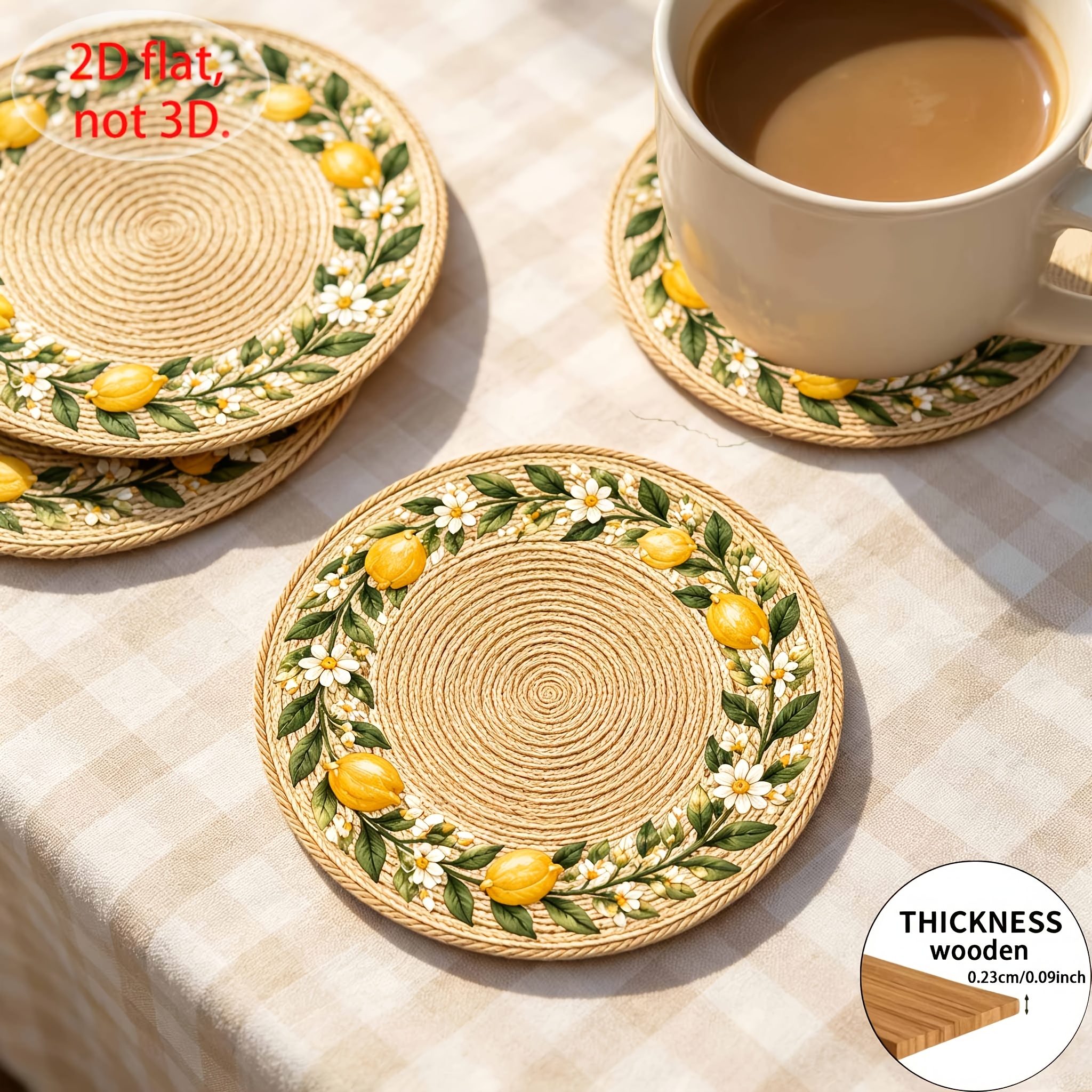 TEMU 8pcs 2d Flat Printed Wooden Placemats, Faux Rattan Woven Lemon Flower Round Pattern, Non-slip Heat-insulating Wooden Coasters, Vintage Pastoral