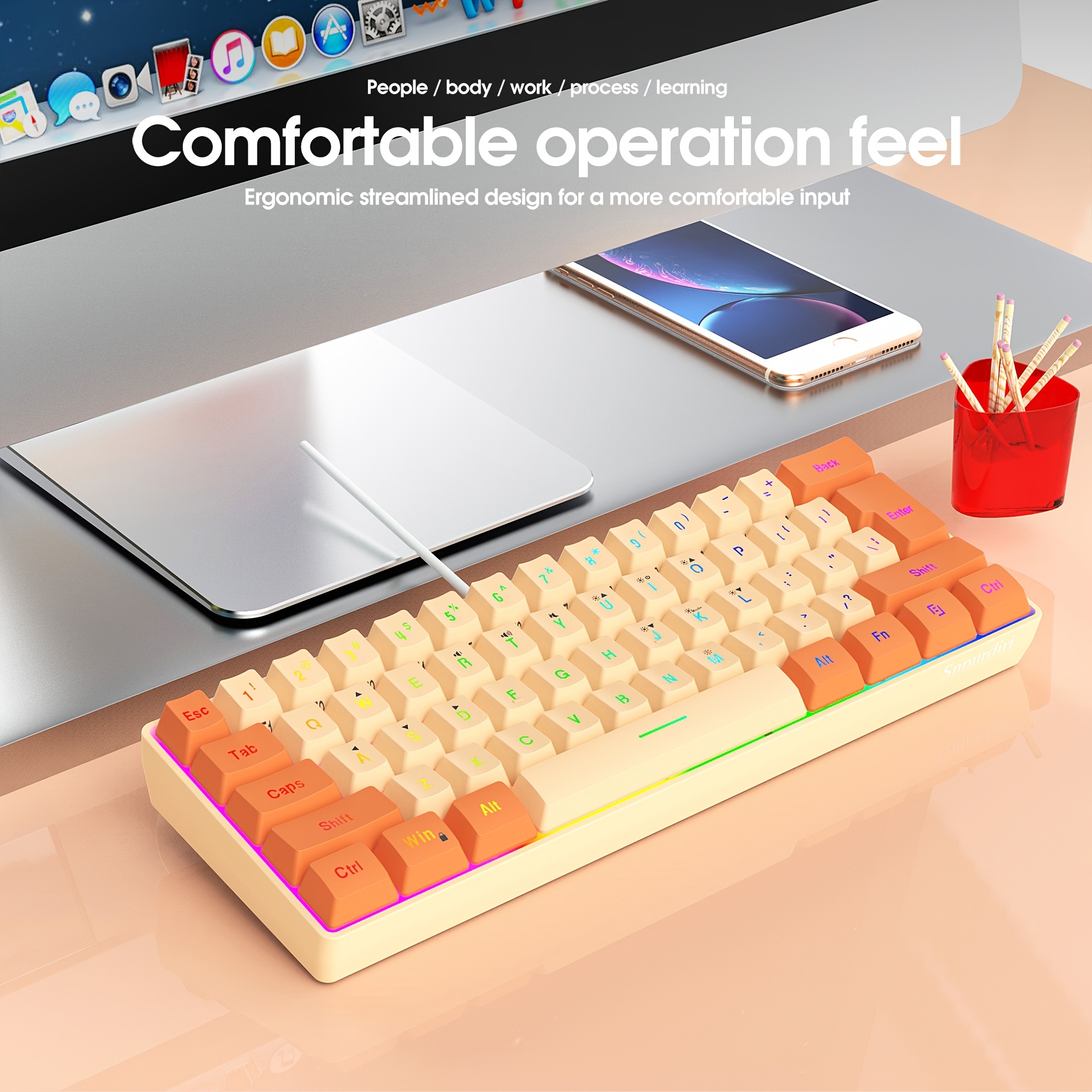 

Snpurdiri 60% Wired Gaming Keyboard, Rgb Ultra- Keyboard, Small Compact 61-key Keyboard For Pc/mac Gamers, Typists, Travel For Wired Use Only (orange And Cream)