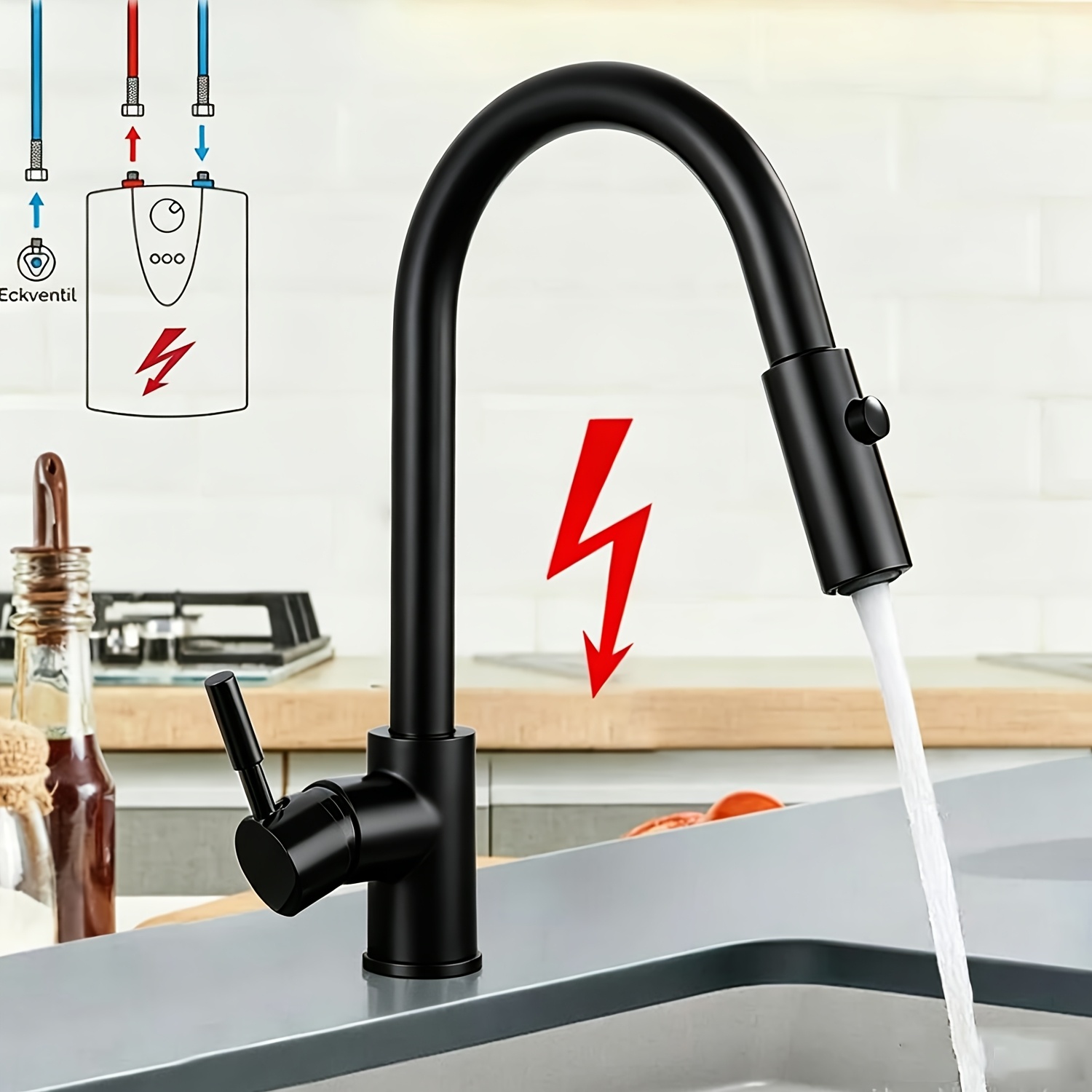 Image of Extendable Low-pressure Kitchen Faucet With Pull-out Sprayer & 360° Rotating Spout - Modern Single-hole Sink Faucet Suitable For Boiler, Valve, Painted, Installation With Hardware & Water Included For
