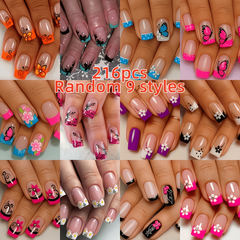 TEMU 216pcs Random 9-styles Short Square Press-on Nails Kit. Available In Orange, Blue, Pink, Black, Purple, Etc., Floral Stripes, Dot , Black , Etc.