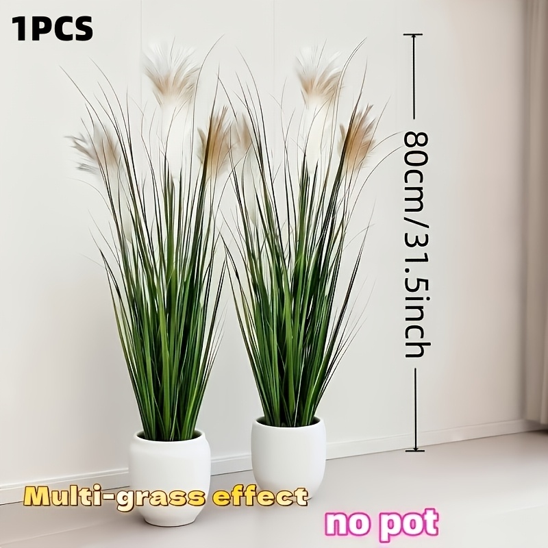 Image of 1 X -inch Tall Stem Large Realistic High-end Artificial Reed Plant, Faux Flower With 6 Natural Gradient Feather Spikes, Green Leaf Stem Potted Plant - Perfect For Modern Minimalist Style Living Rooms