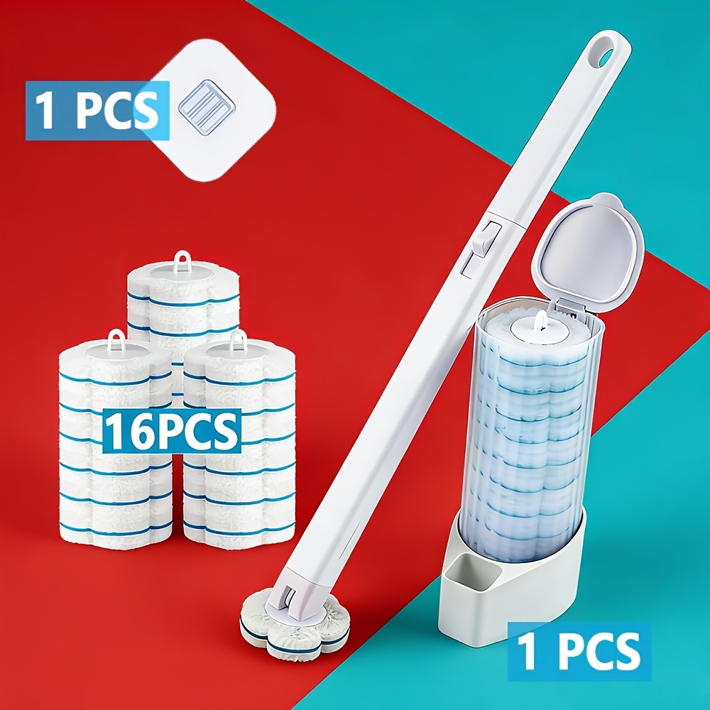 TEMU Disposable Toilet Brush Set Includes 16 Replacement Heads, A Throwaway Cleaning Brush, A Versatile Cleaning Tool For Bathrooms, Toilets, And