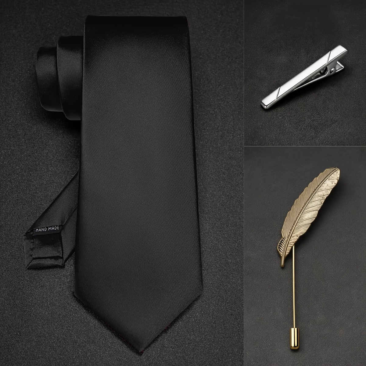 TEMU 3pcs Men's Formal Suit Accessory Set: Solid Satin Necktie, Silver Tie Clip, And Lapel Pin For Wedding Parties And Business Occasions - In