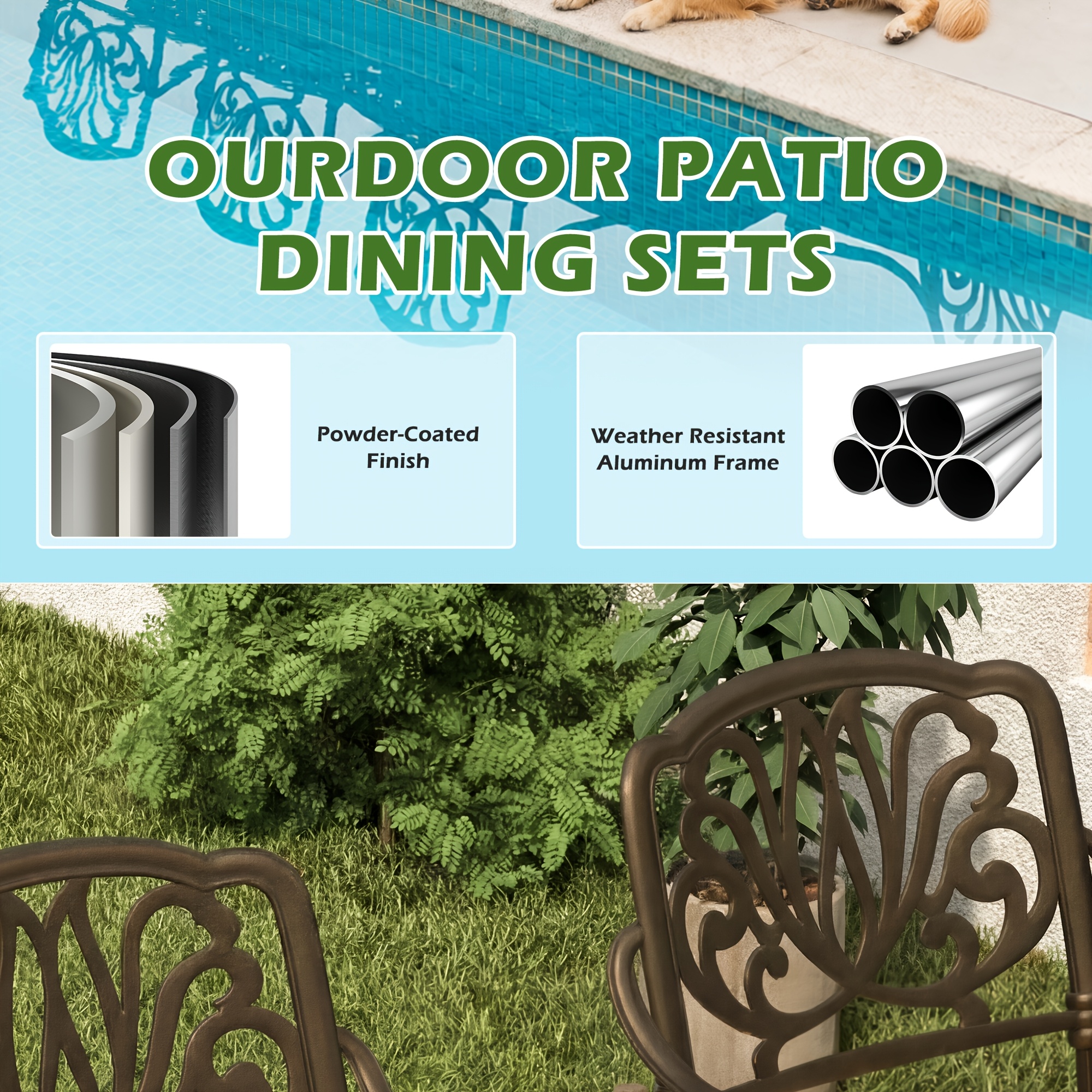 9pcs cast aluminum patio furniture outdoor dining sets for 8   87 oval patio dining table and 8 chairs with cushions umbrella hole bronze Product details 0