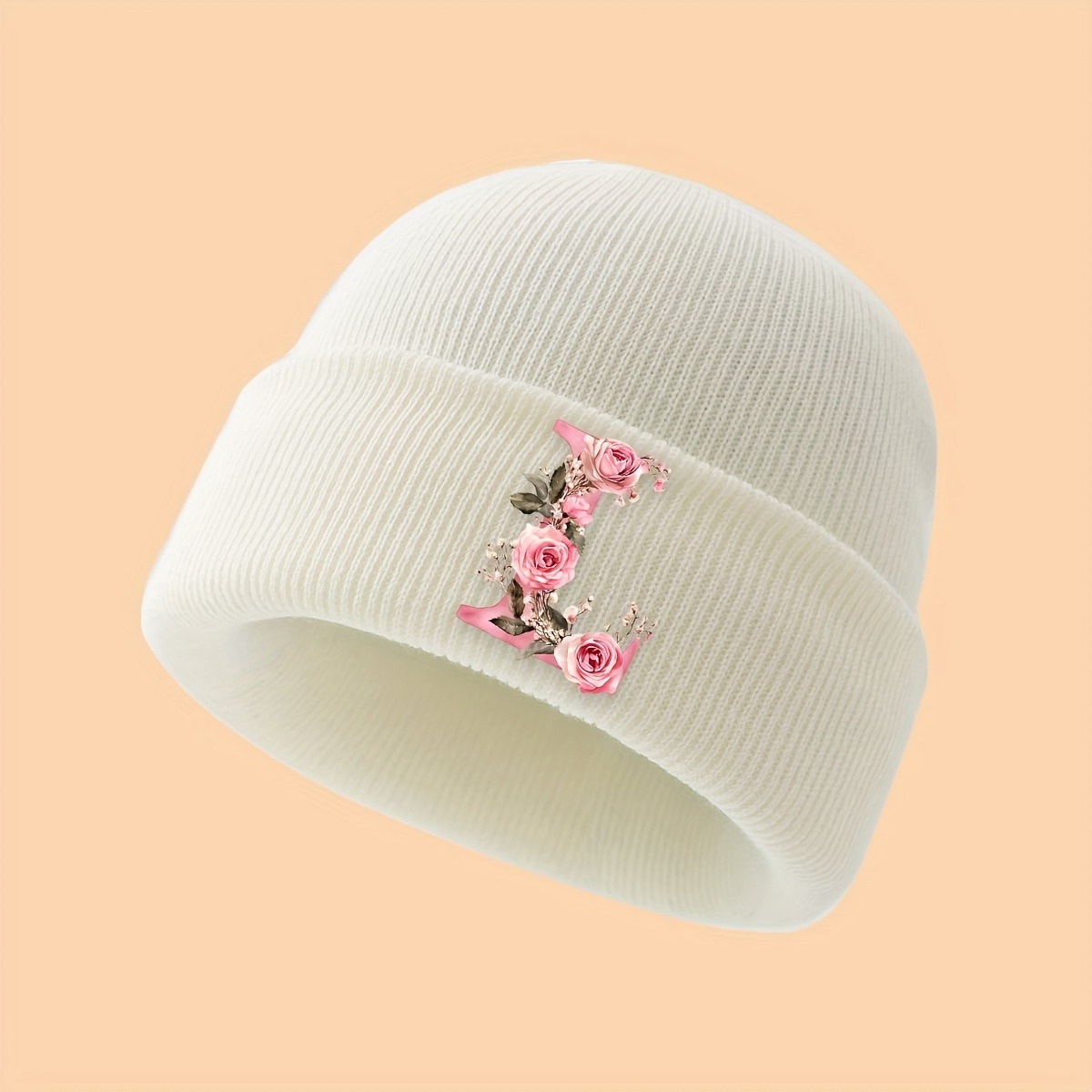 Image of 1pc Brimless Knit Beanie For Girls (3-10yrs) W/ Gorgeous Rose And Letter, Soft/breathable/warm, Ideal For Daily Use/ & Birthday/festival Gifts For Daughters/granddaughters