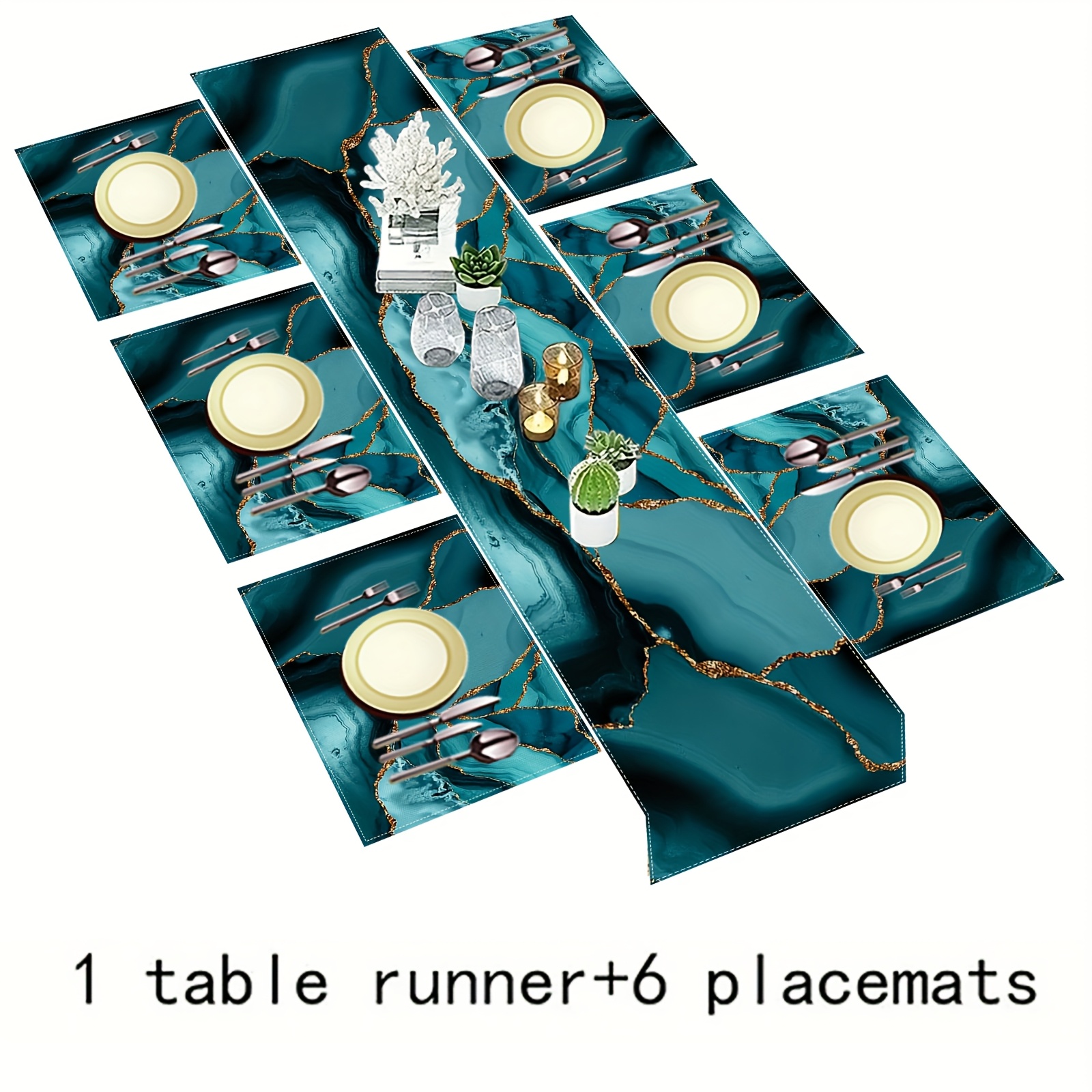 Image of 5pcs/7pcs Set - Marble Style Placemats And Table Runner Set, Heat- Non-slip Burlap Table Mats In Abstract , , Turquoise, And Golden. Suitable For Dining Room Decor, Party Table, And Kitchen Decor