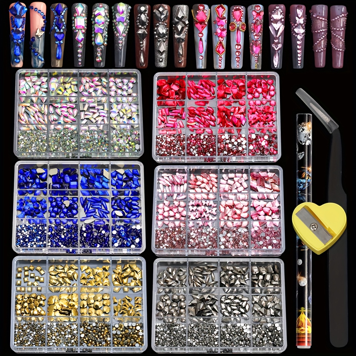 TEMU 6 Boxes 12 Grid Multi-style Hybrid Glitter Glass Accessories Round And Flat Decorative Boxes, Rose Pink Accessories, Set Of Slime Drill Bits,