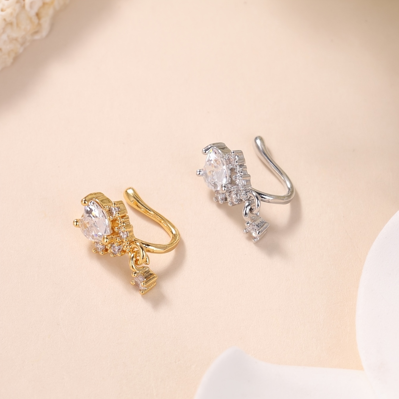 Copper Clip-On Zirconia Heart-Shaped Nose Ring, Non-Piercing