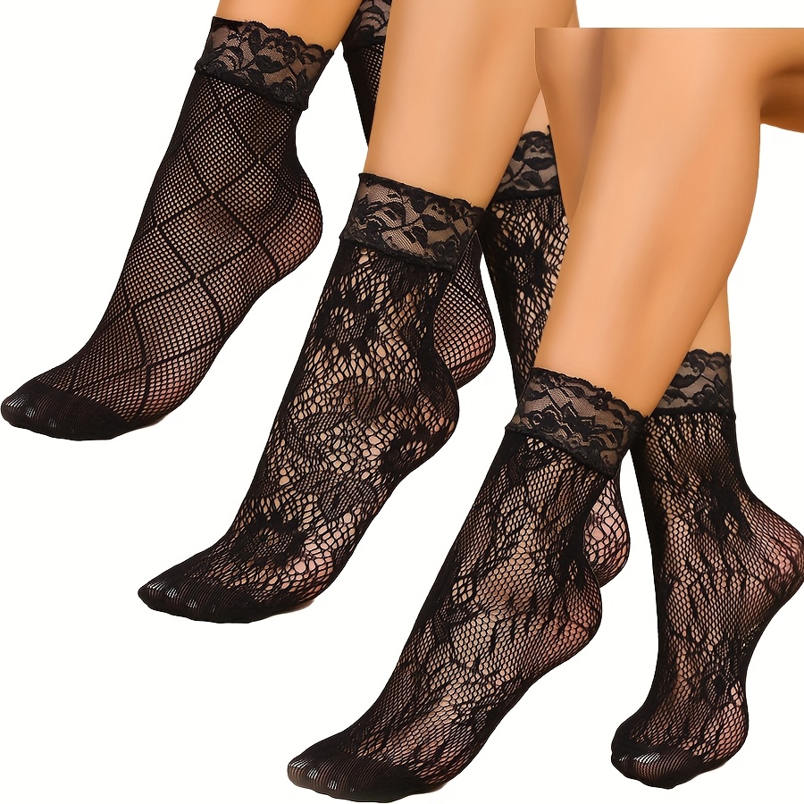 Image of 3 Pairs Of Lace Combination Short Socks, Stylish Women's Calf Socks, Mid-calf Socks