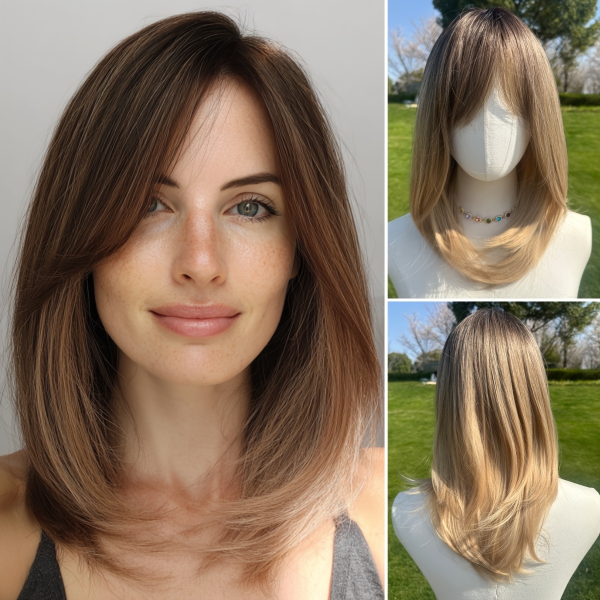 TEMU Women's Natural To Blonde Ombre Straight Wig With Bangs - 18-inch -resistant Synthetic Hair, High-density 130%, For Daily Wear, Parties, Special Occasions | Brown/blonde Gradient Hairpiece