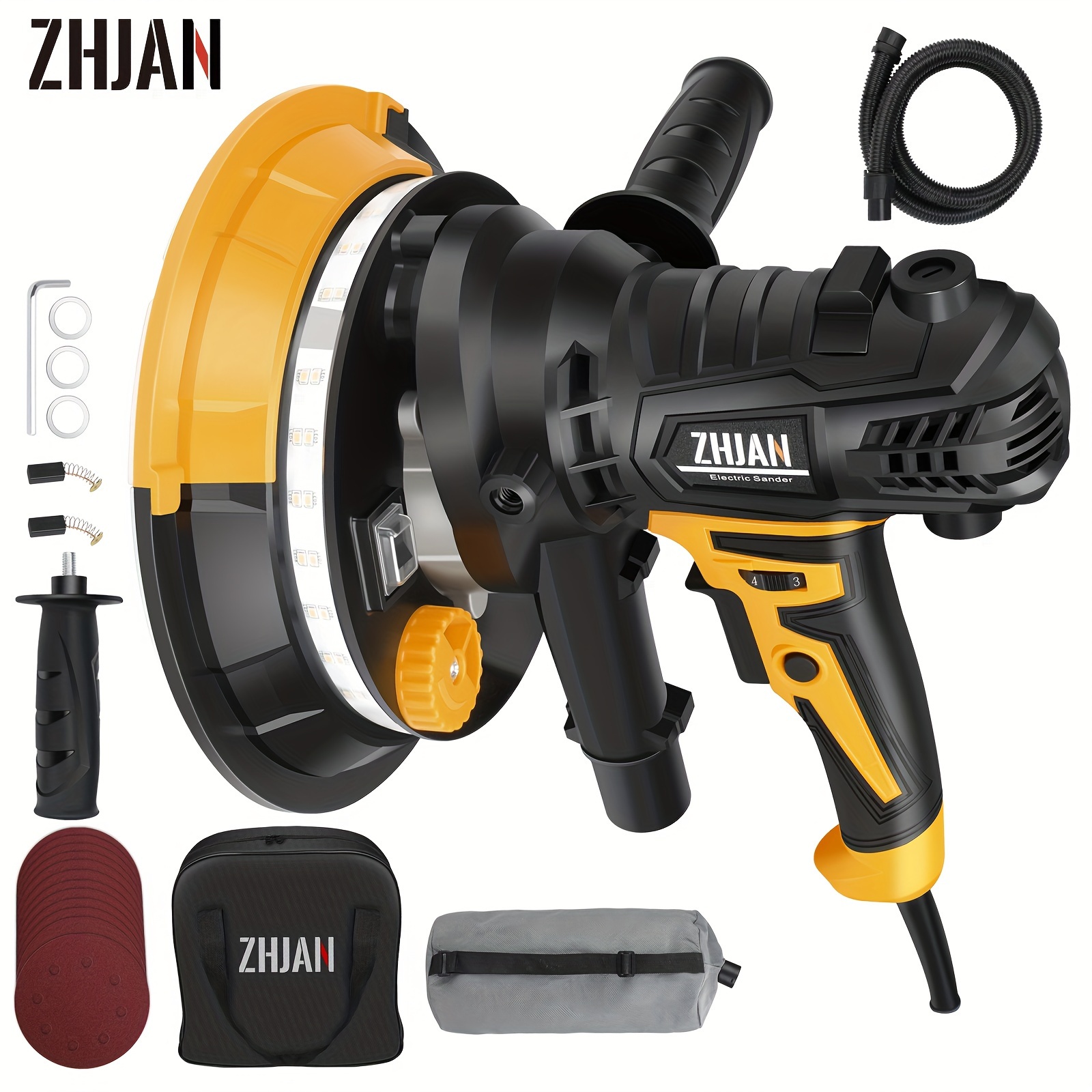 

7" Handheld Drywall Sander 900w, 1400-2700rpm Portable Electric Wall Polishing Machine, Electric Sander With Vacuum, Led Light, Collection Bag, Rough And Fine Sanding, 12pcs Sanding Disc