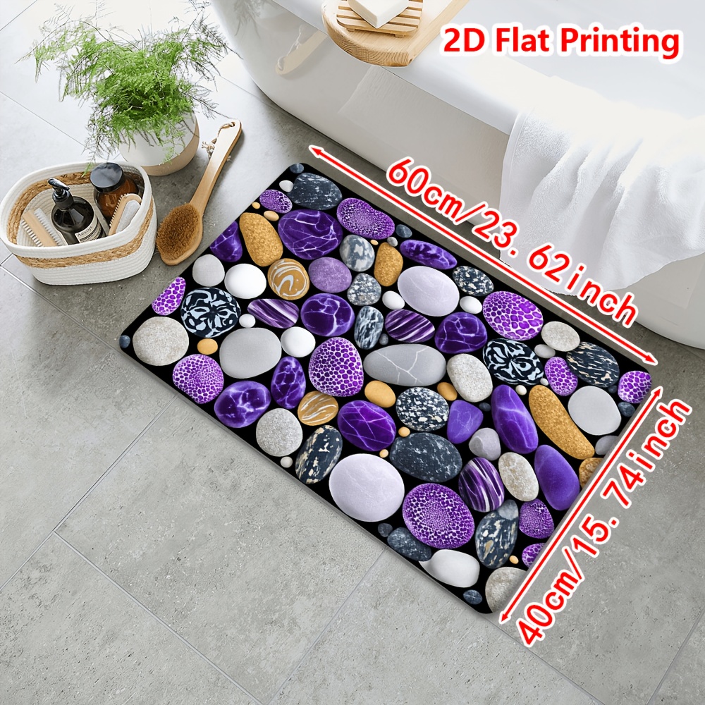 TEMU 1pc Non-slip Soft Bath Mat Suitable For Bathroom, Thick Flannel Rug With Adhesive Backing & Plastic Base, Purple Pebble Pattern Floor Mat For