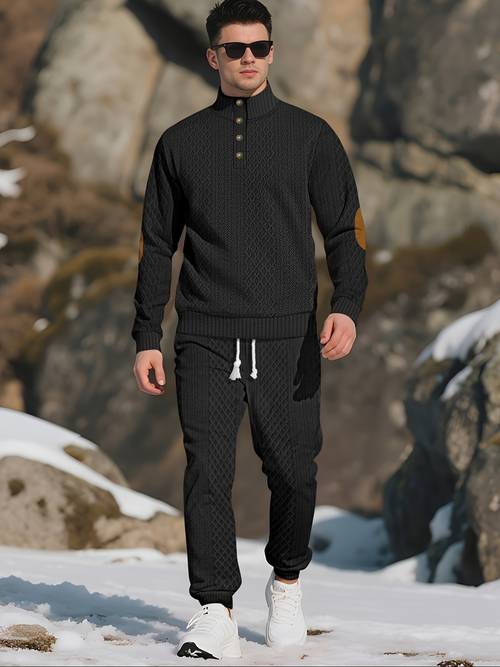 1 Set Men s Fashion Casual Henley Shirt and Pants Outfit | 1 Solid Color Henley Top & 1 Pair of Solid Color Jogger Pants | Premium Jacquard Soft Light Beige-Friendly Fabric | Essential Golf Leisure Sportswear | Breathable for Indoor & Outdoor Activities | Suitable for Autumn/Winter