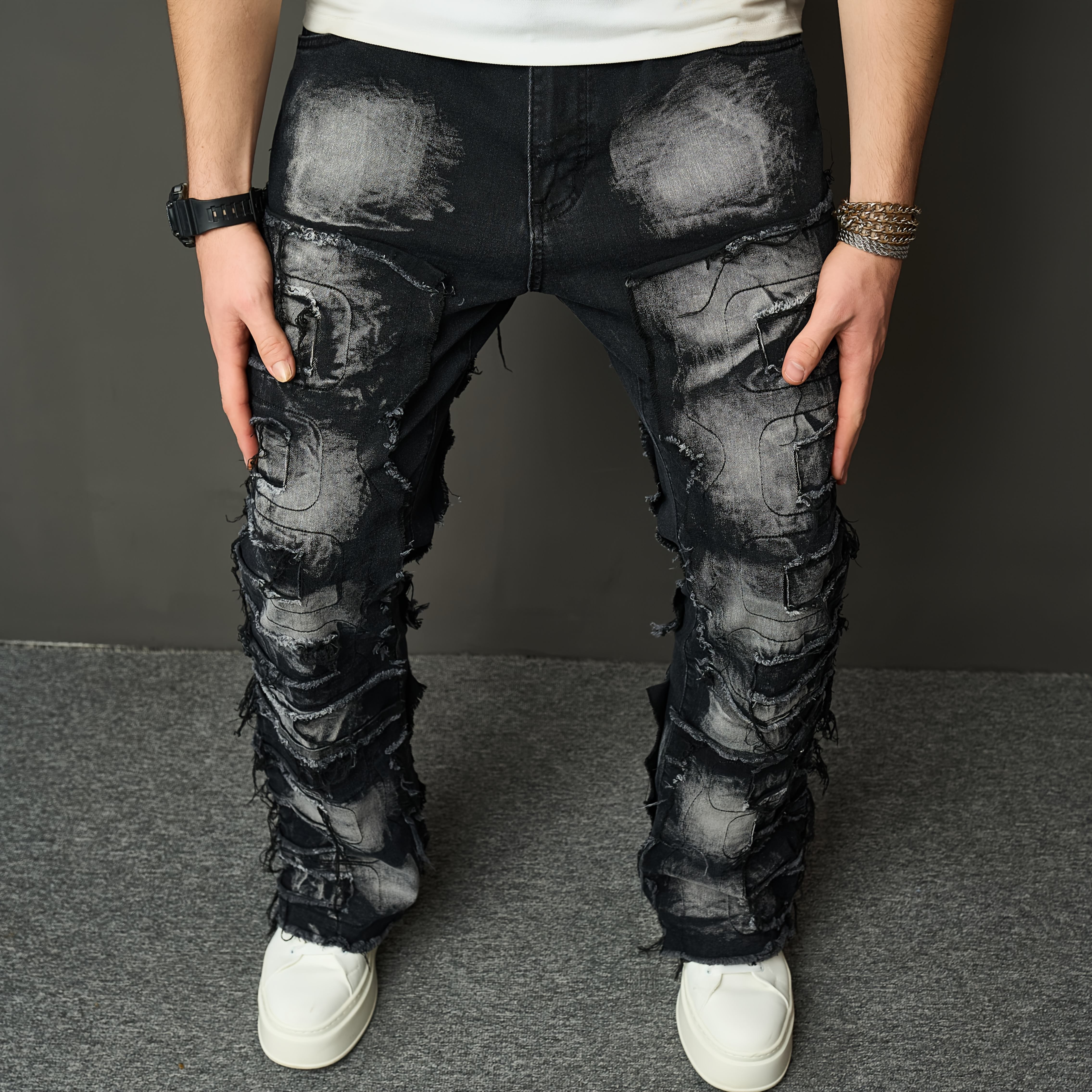 mens fit biker jeans distressed denim stretch Temu