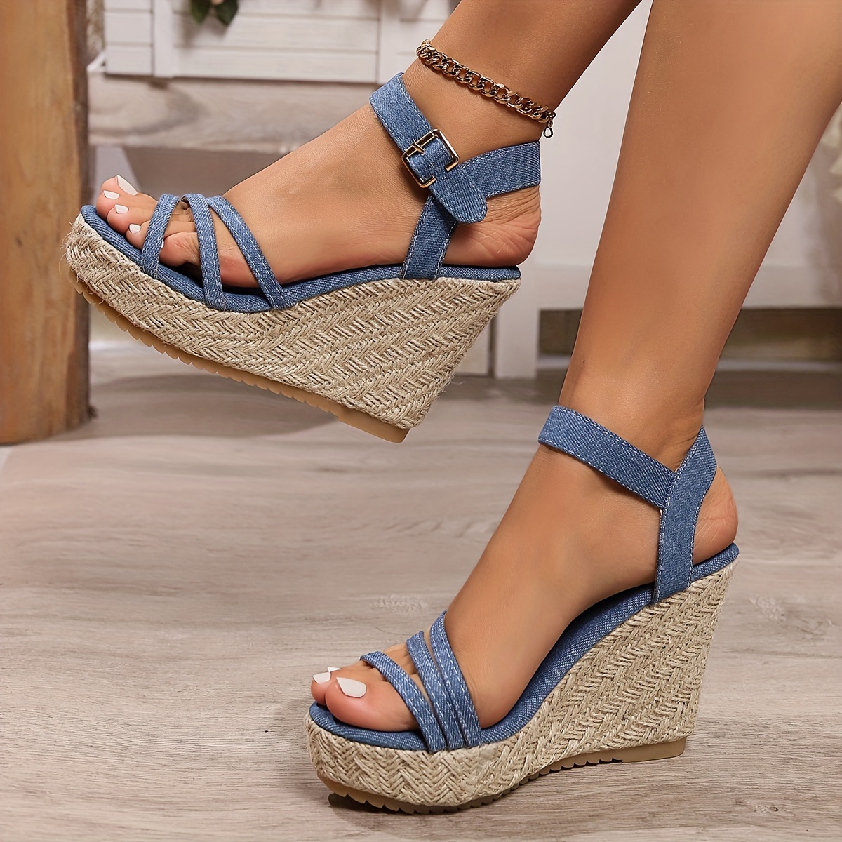 Ankle Strap Blue Denim Wedge Shoes Espadrille Gibi Wedge Sandals