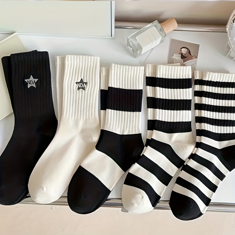 

5 Pairs Star & Striped Print Socks, Trendy College Style Mid Tube Socks, Women's Stockings & Hosiery