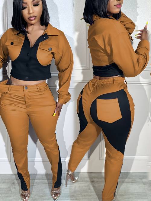 2pcs womens casual two piece set sports color blocking long sleeve lapel button up top pencil pants suitable for set