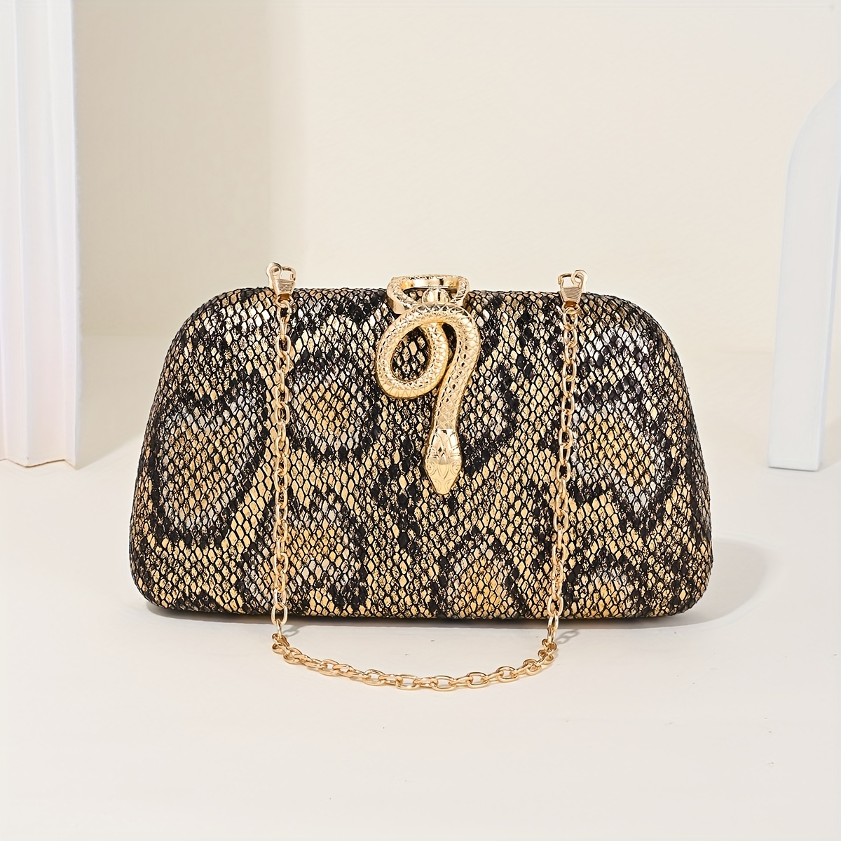 imagen del artículo bolso de noche   estampado de serpiente, bolso de   o bandolera con cadena para banquetes