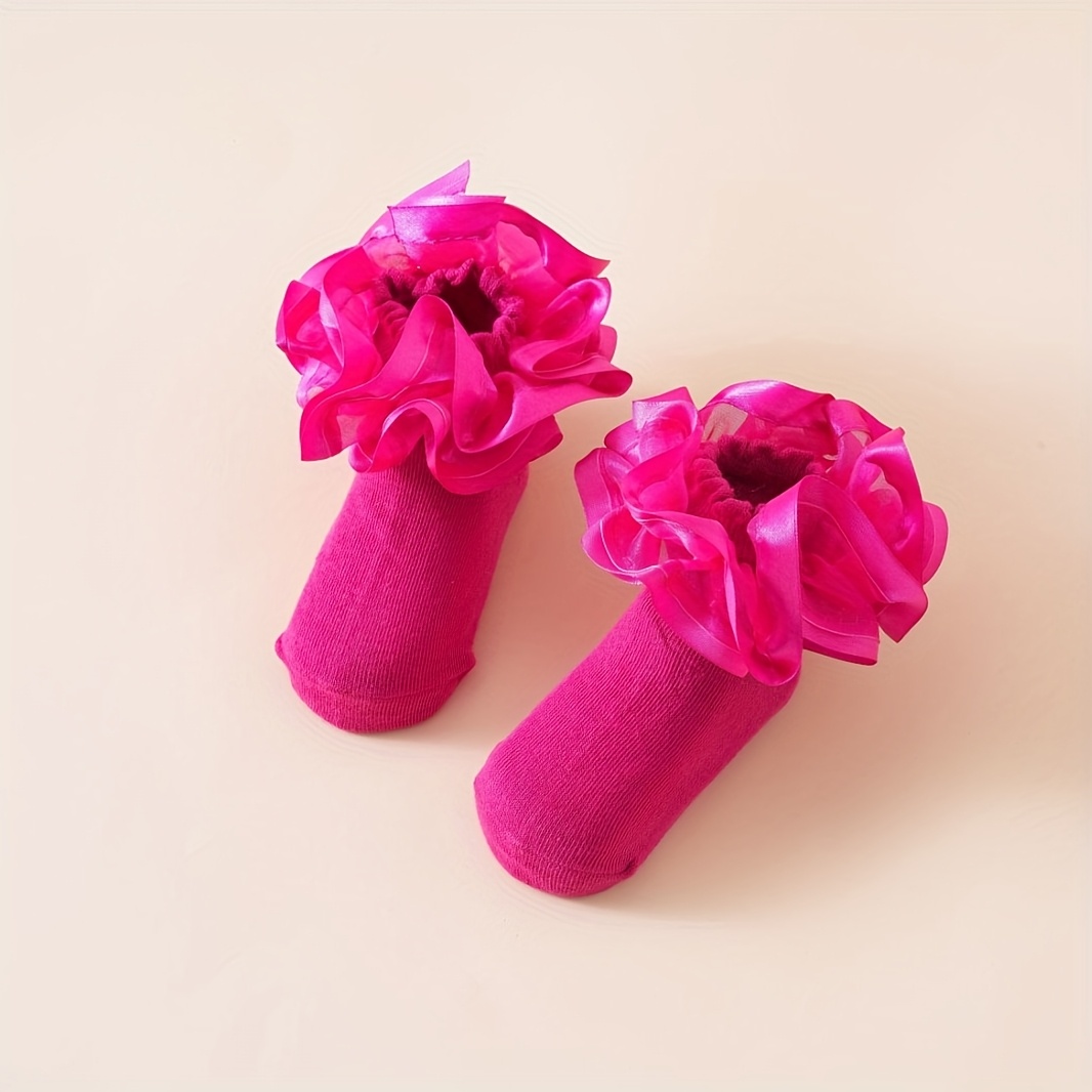 1 Pair Of Girls' Infant And Toddler Large Floral Lace Dimensional Dance Ankle Socks