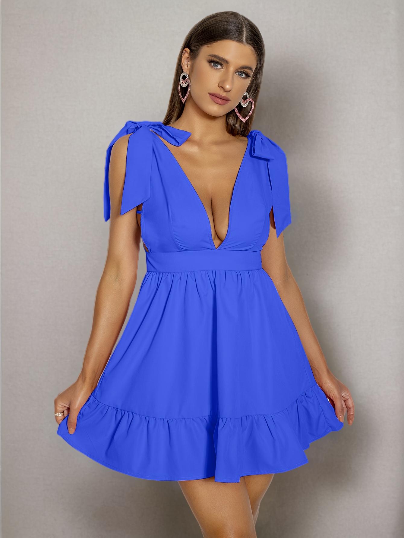 Plunging Neck Backless Ruffle Trim Mesh A Line Dress