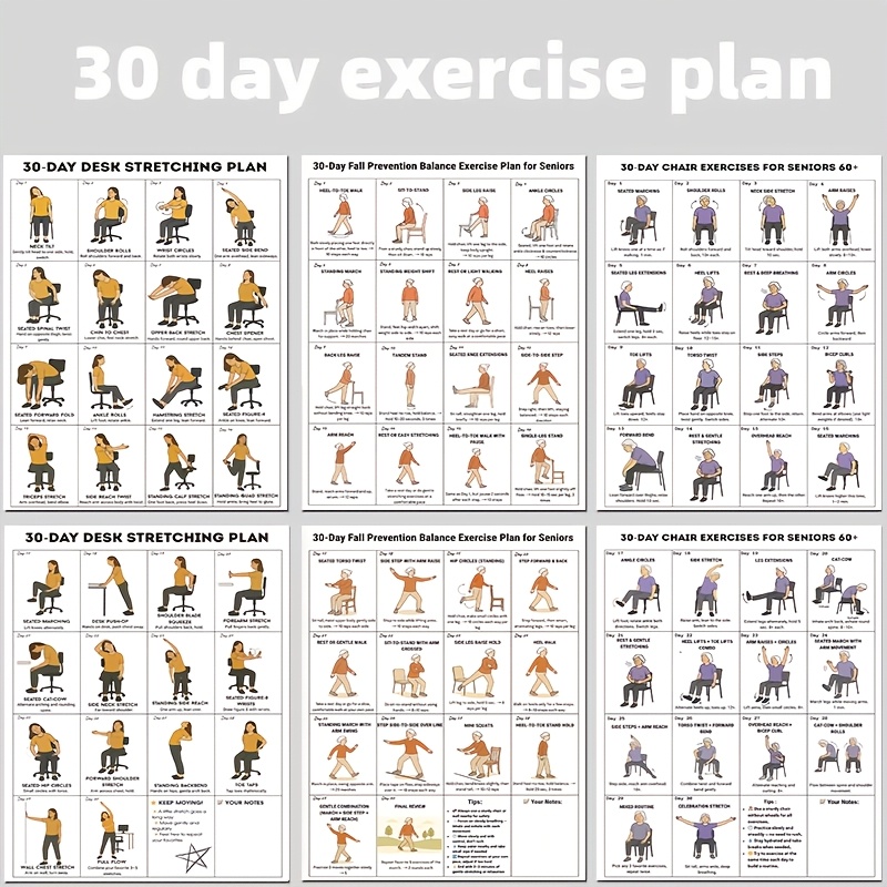 TEMU 6pcs Senior Chair Exercises Poster Set Unframed 30-day Exercise Plan Balance Training Desk Stretching Guide Fitness Wall Art For Elderly Office