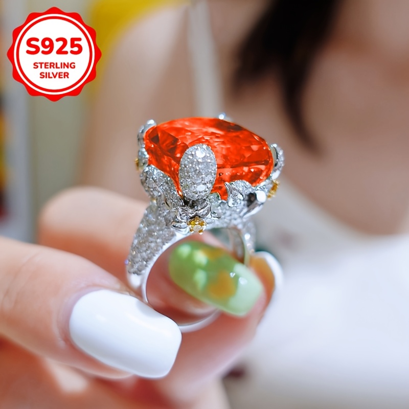 Image of 1pc S925 925 Silvery Plated Luxury Oversized Red Synthetic Cubic Zirconiaia Adjustable Ring, Designed With Square-cut Synthetic Cubic Zirconiaia, Unisex, High-quality Jewelry