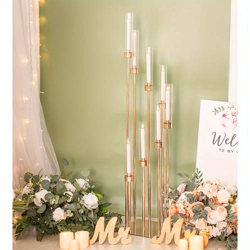 an 8 golden candle holder wedding table centerpieces measuring 45 3 inches with transparent acrylic lampshades suitable for suitable for taper candles ideal for halloween and christmas decorations