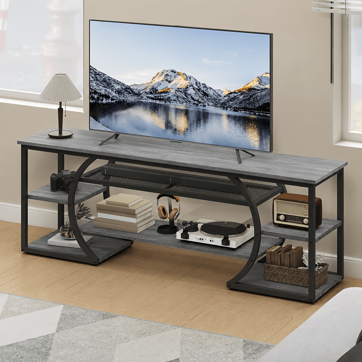 Image of 160cm Tv Cabinet, Suitable For Tvs Up Inches, 7-layer Storage Shelf, Multi-functional Storage Rack For Living Room And Bedroom, Distressed Gray