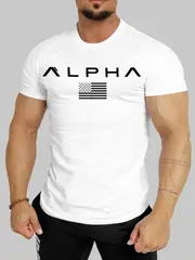 mens athletic crew neck t shirt quick dry polyester knit fabric short sleeve alphabet print skinny fit casual sports top for spring summer polyester 180gsm details 6