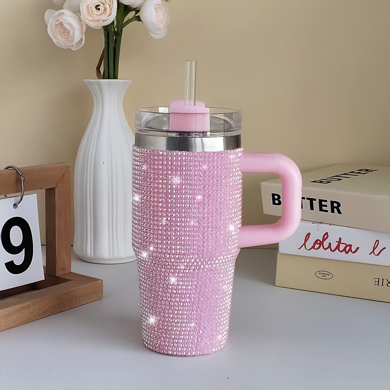 TEMU 14oz Shiny Diamond Stainless Cup With Handle Straw, Water Diamond Decoration, Insulated Hot And Cold Outdoor Sports Portable Coffee Mug, Mug, Perfect For Car. Home. Travel. Holiday Gift.