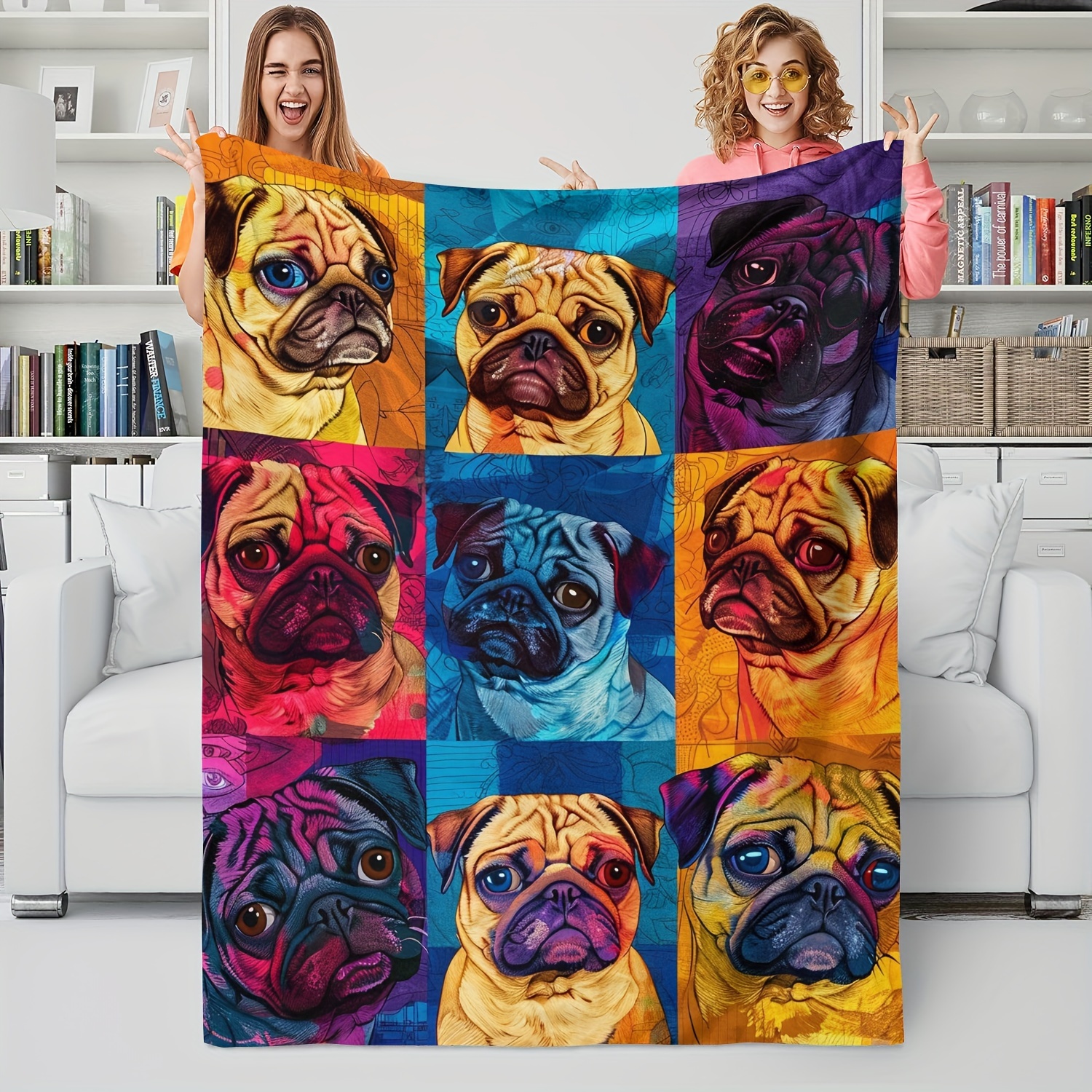 

1pc Creative Color Stitching Blanket Pug Dog Gift For Dog Lovers Soft Blanket Flannel Blanket Warm Nap Throw Blanket For Bed Sofa Couch