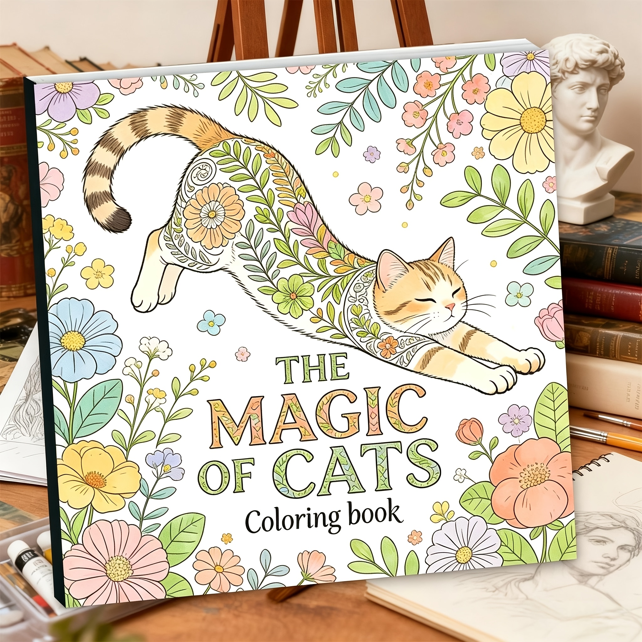 TEMU Livre de coloriage magique des chats 1 20x20 pouces pour adultes et adolescents - 24 pages de papier épais avec de chats floraux, activité de
