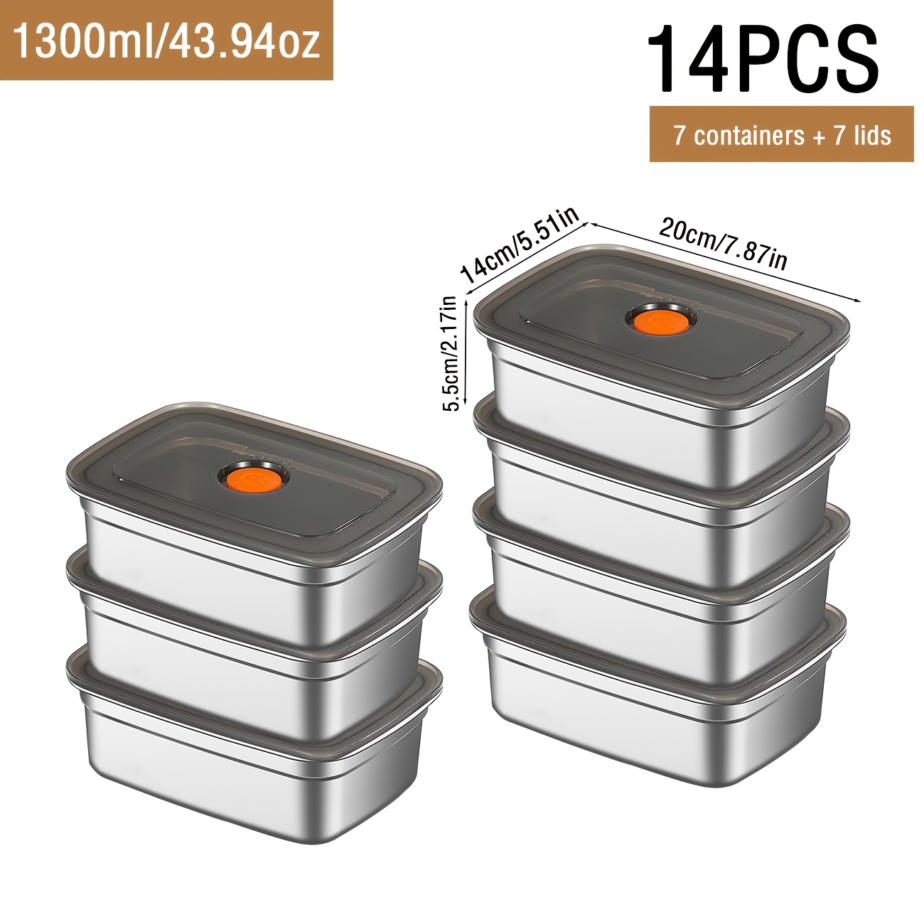 E-shop 14-teiliges Edelstahl-Lebensmittelbehälter-Set (7 Behälter + 7 Deckel), luftdichte Aufbewahrung für Mahlzeitenvorbereitung, , ideal für Zuhause,