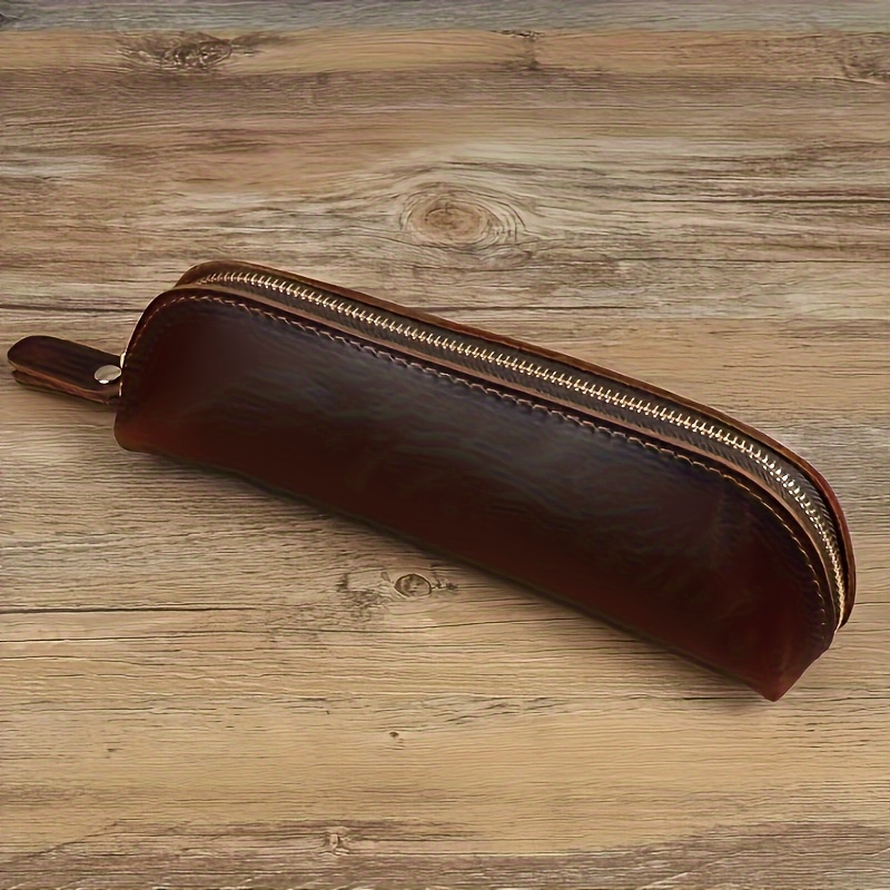 Image of 1pc Random Color & Zipper Style, Original Handmade Storage Pouch. Made Of Leather And. Multi-functional Organizer For , Cables, And Stationery. Perfect Student And Office Supplies Essential