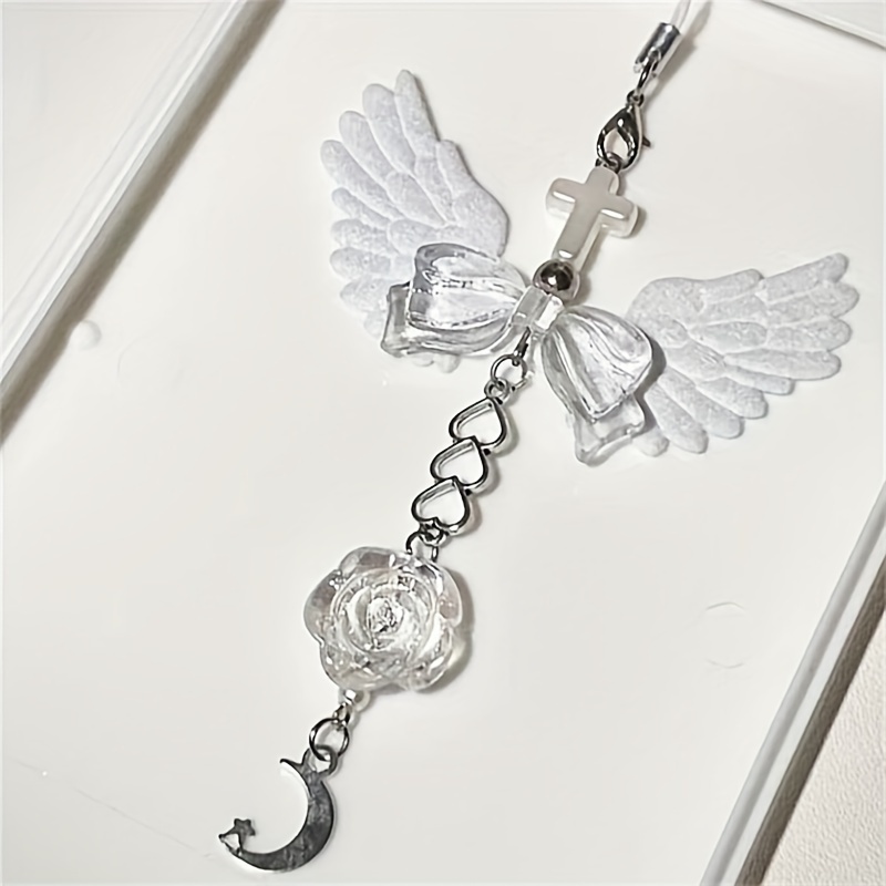 1pc Handmade White Rose Beaded Phone Strap With Wing Pendant And Bow, Sweet Holiday Gift For Bags
