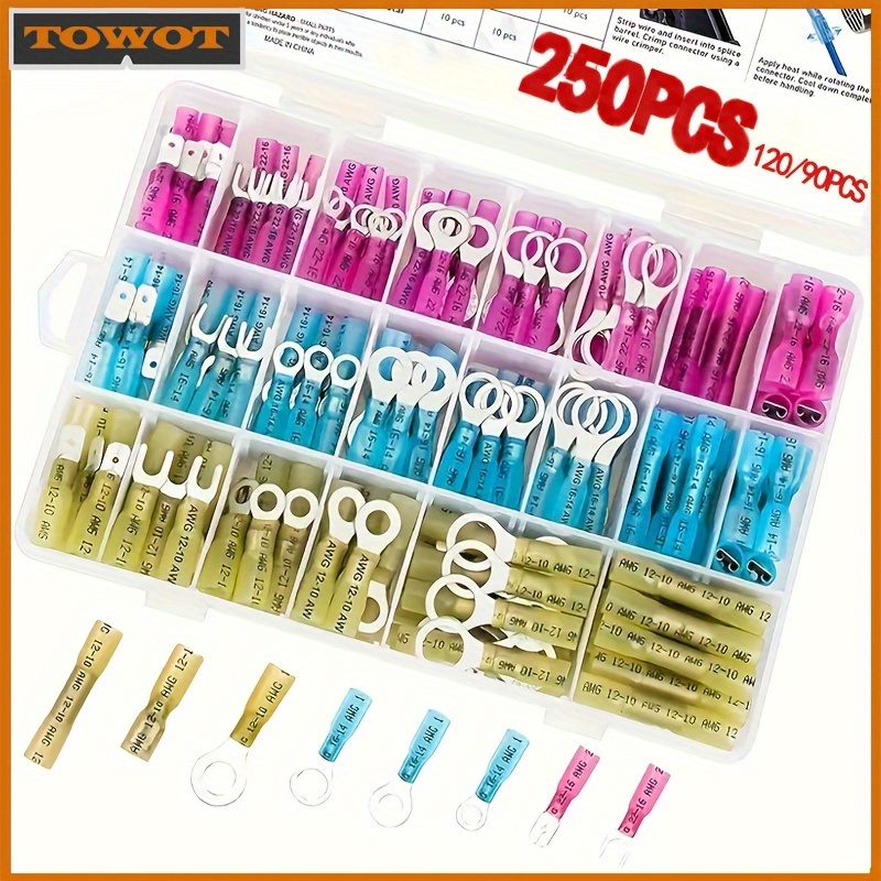 

Towot90/120/250pcsheat Shrink Wire Waterproof Crimp Connector Assortment, Ring Fork Spade Splices For Automotive Marine Electrical Terminals Kit