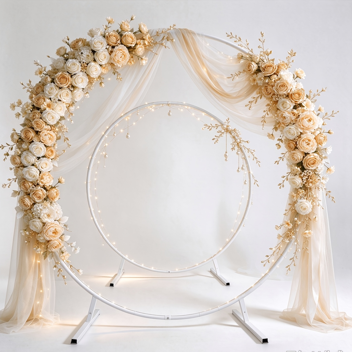 Image of Double Circular Wedding Arch, 2pcs Round Metal Backdrop Stand With Floral Decor For Ceremony Party