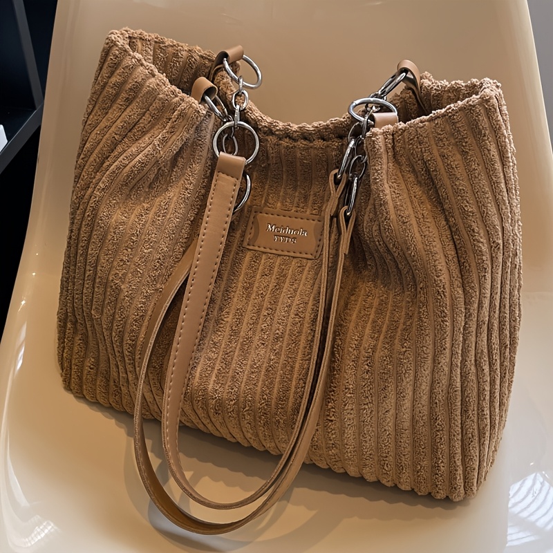 TEMU Retro Rabbit - Corduroy Solid Color Shoulder Bag, Large Capacity Tote, Suitable For Autumn/winter, Spacious And Lightweight, Ideal For Work,