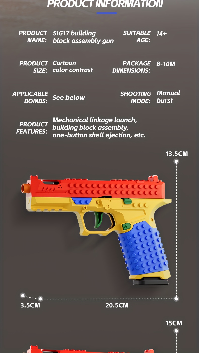 an   model of a building block gun featuring a realistic   system this safe and non toxic stem toy requires no batteries and   in a vibrant red yellow and blue color scheme making it   christmas birthdays Product details 6