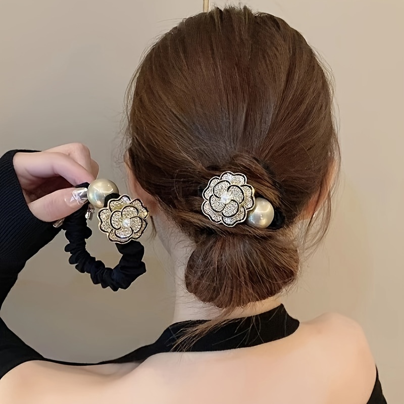 

Uacife Elegant Floral Rhinestone Fabric Hair Ties Set, Y2k Style Hair Rings, Valentine's Day Gift, 2-piece Headbands For Women 14+