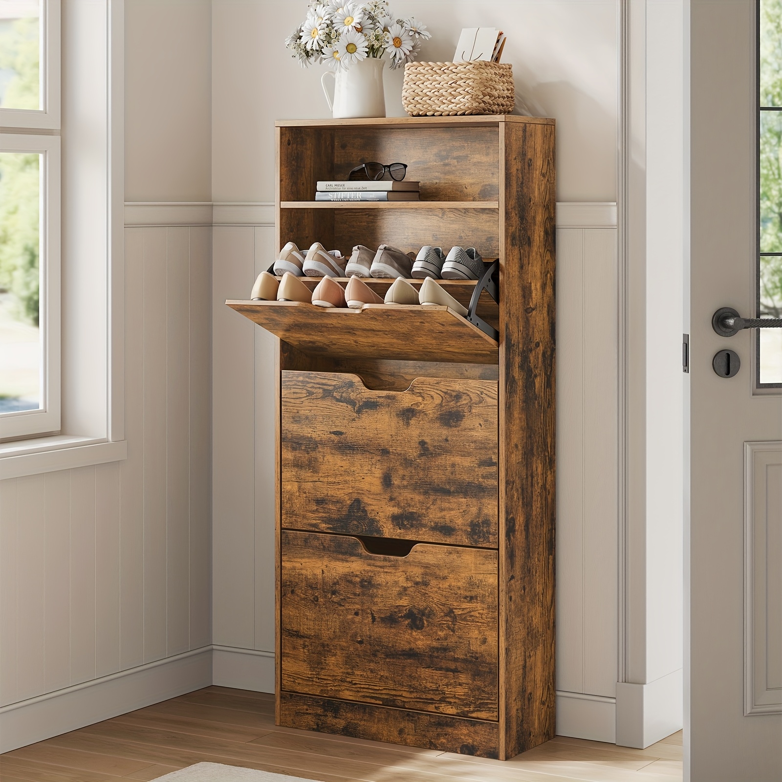 E-shop Schuhschrank mit 3 , Schuhheber, Schuhregal, Schuerraum, offener Fachbereich, verstellbarer Trenner, für 14-18 Paar Schuhe, Flur, 24 x 60 x 139