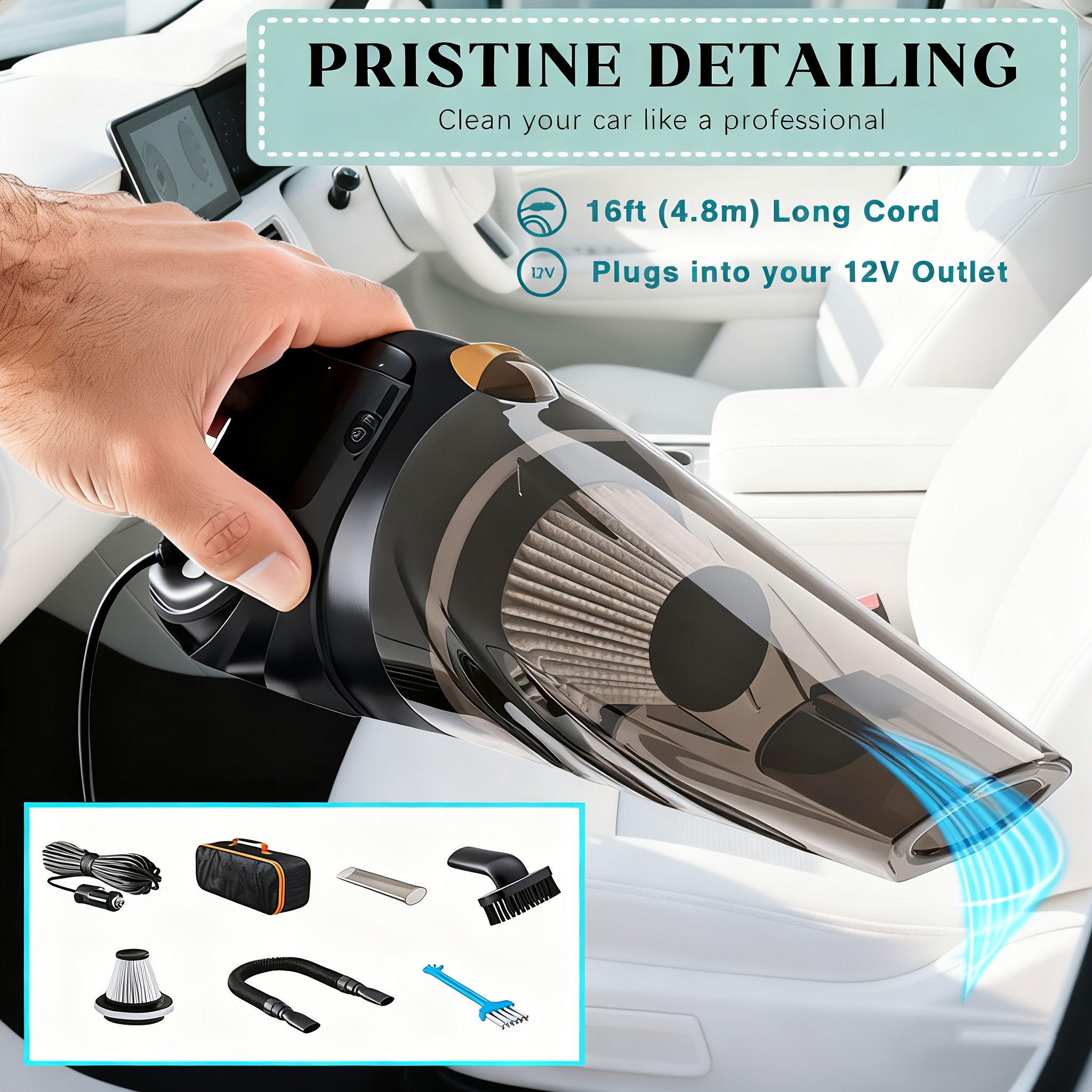 TEMU Portable Handheld Mini Vacuum Cleaner, Car Vacuum Cleaner W/ 16ft Cord, Storage Bag, Flathead Hose, Extension Tube, Brush Head, Filters X2 &