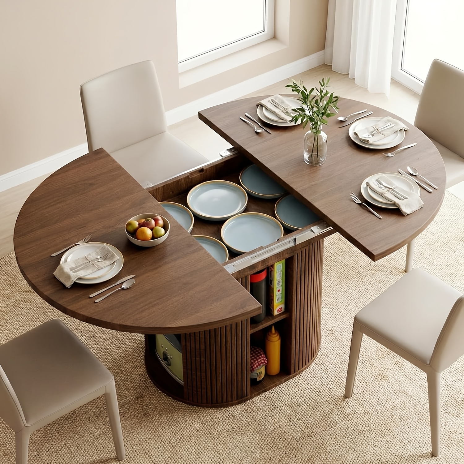 Round Dining Table, Foldable Dining Table With Storage, Oval Wooden Kitchen Table For 8 People, Suitable For Dining Rooms And Kitchens, 150 X 110 X 77 Cm, Extendable Folding Dining Sturdy