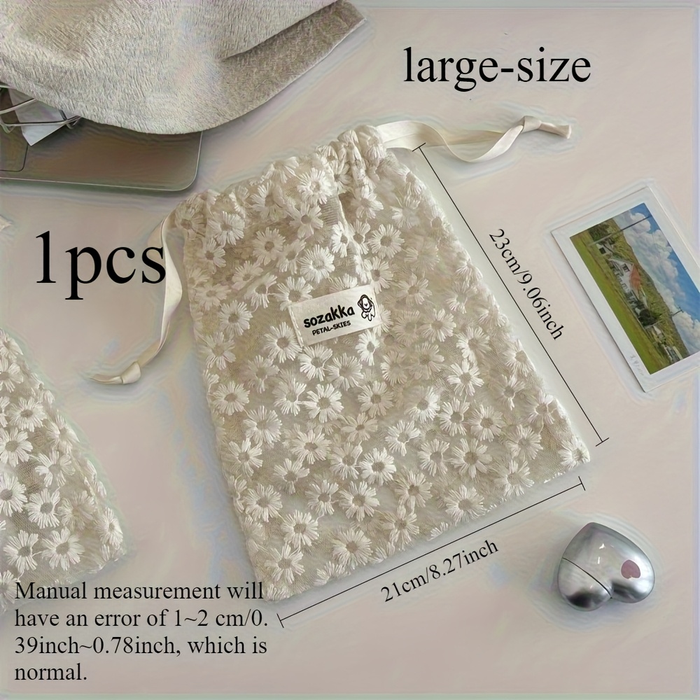 Image of 1pc Mesh Daisy Embroidery Drawstring Bag, Lightweight Travel Organizer For Skincare And Toiletries, Beige, Hand Wash Only