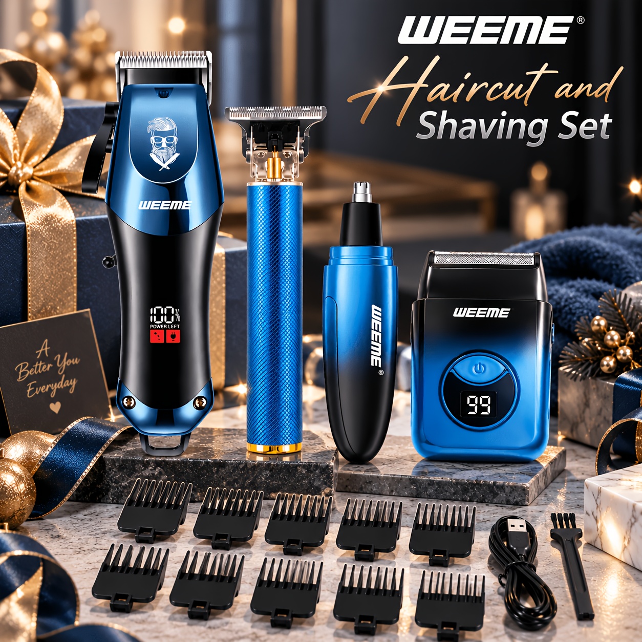 TEMU Weeme 4pcs Men's Professional Hair Clipper Set, Rechargeable Precision Trimmer, Nose Hair Trimmer & Electric Razor, Cordless Beard And Hair