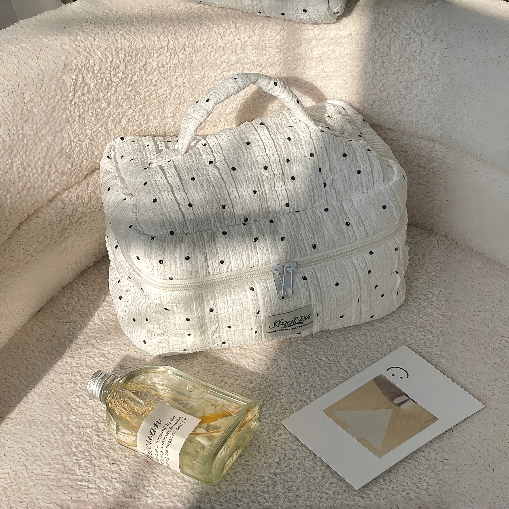 TEMU [cosmetic Bag] Sweet Lace Polka Dot Pattern Women's Makeup Bag, Cute Large Opening Large Capacity, Foldable Makeup Bag, Bathroom Storage And